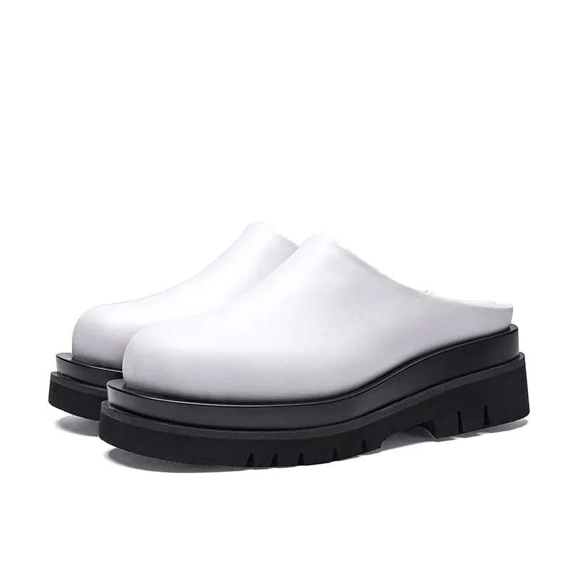 Luxury Platform Man Half Slippers With Heels Genuine Leather 2024 Summer Wedding Business Social Shoes Outside Sandals_vogvips.com
