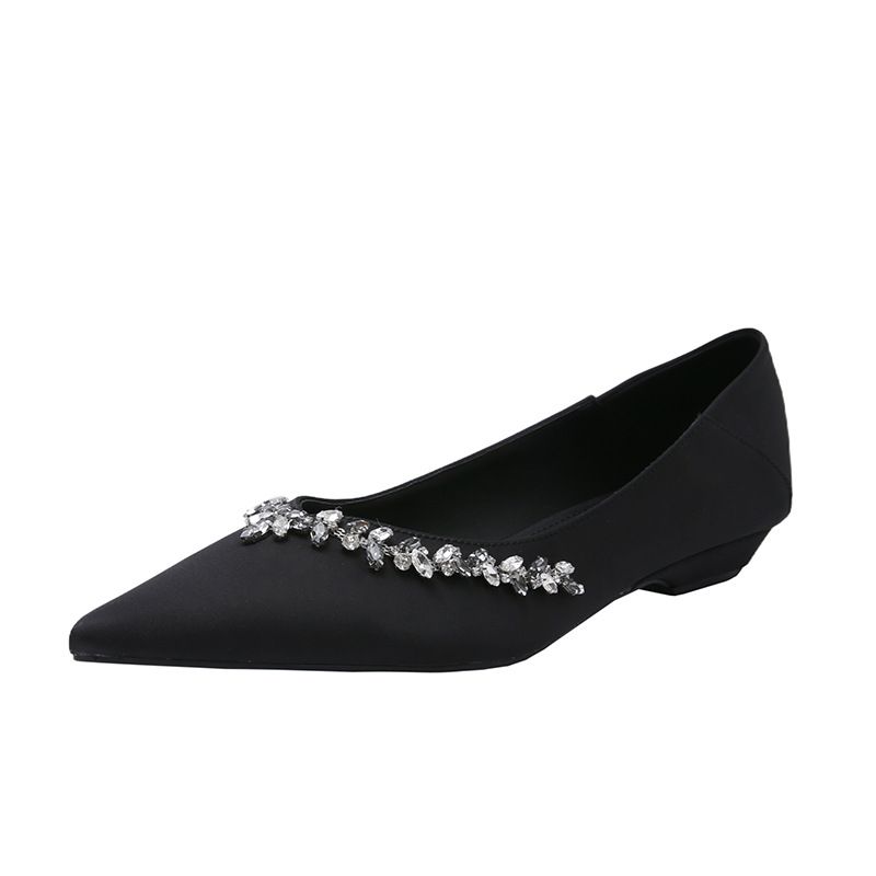 Light Mature Style ~ French Rhinestone Pointed Flat For Women Shallow Mouth Invisible Height Increase Boat Shoes Slip-On_vogvips.com