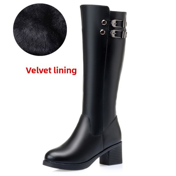 Winter Genuine Wool Women's Thick High Fleece Lined Riding Mid Heel Cotton Leather Full Cowhide Long Boots_vogvips.com
