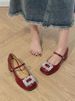 French High Heels, Red Small Leather Mary Jane Women's Thick Heel Rhinestone Wedding Bride's Shoes, Early Spring Shoes_vogvips.com