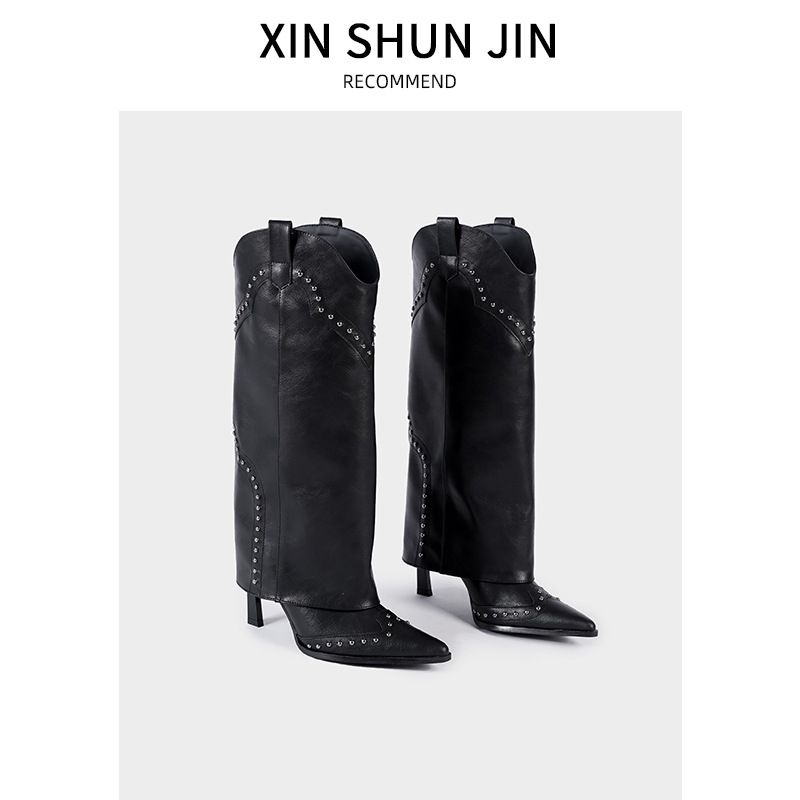 Women's Shoes Spring New Retro Rivet High Leg Trouser Boots Women's Boots All Match Boots Knight Boots Long Boots_vogvips.com