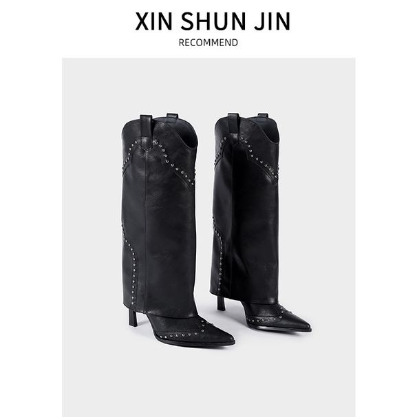 Women's Shoes Spring New Retro Rivet High Leg Trouser Boots Women's Boots All Match Boots Knight Boots Long Boots_vogvips.com