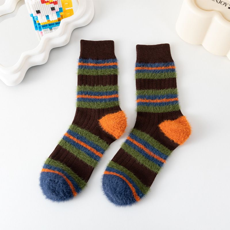 Striped Children's Mid Length Socks, Autumn And Winter Plush, Dopamine Color Contrast, Thickened Insulation, Pile Up_vogvips.com