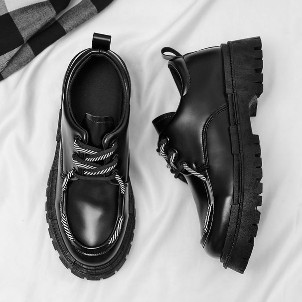 2024 New Korean Style All Black Thick Sole Men's Double Shoelaces Versatile Trendy Niche Casual Leather Shoes_vogvips.com