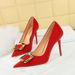 Fashion high-heeled stiletto, shallow cut, pointed sexy slim metal buckle heels_vogvips.com