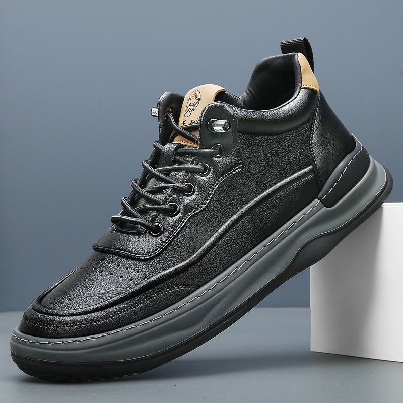 Wide Toe Casual For Men New Genuine Leather Sneakers High Top Trendy Versatile Fleece Lined Warm Cotton Shoes_vogvips.com