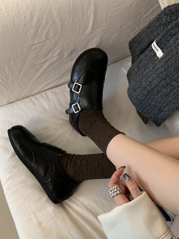 Genuine Autumn Winter Retro Woolen Fleece-Lined Mary Jane Cotton For Women With Double Buckle Design Lazy_vogvips.com