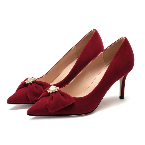White Wedding Shoes Style Burgundy Xiuhe Bow High Heels Shoes For Women_vogvips.com