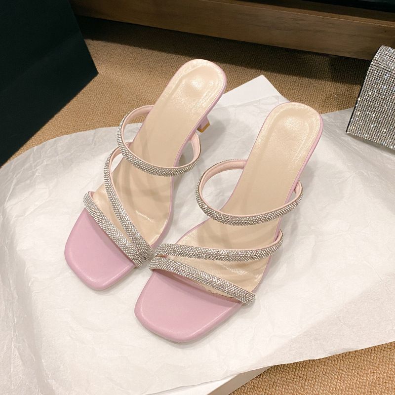 Single-strap High-heeled Sandals For Summer, New Popular French Style With Rhinestones, Square Toe, Stiletto Heel_vogvips.com