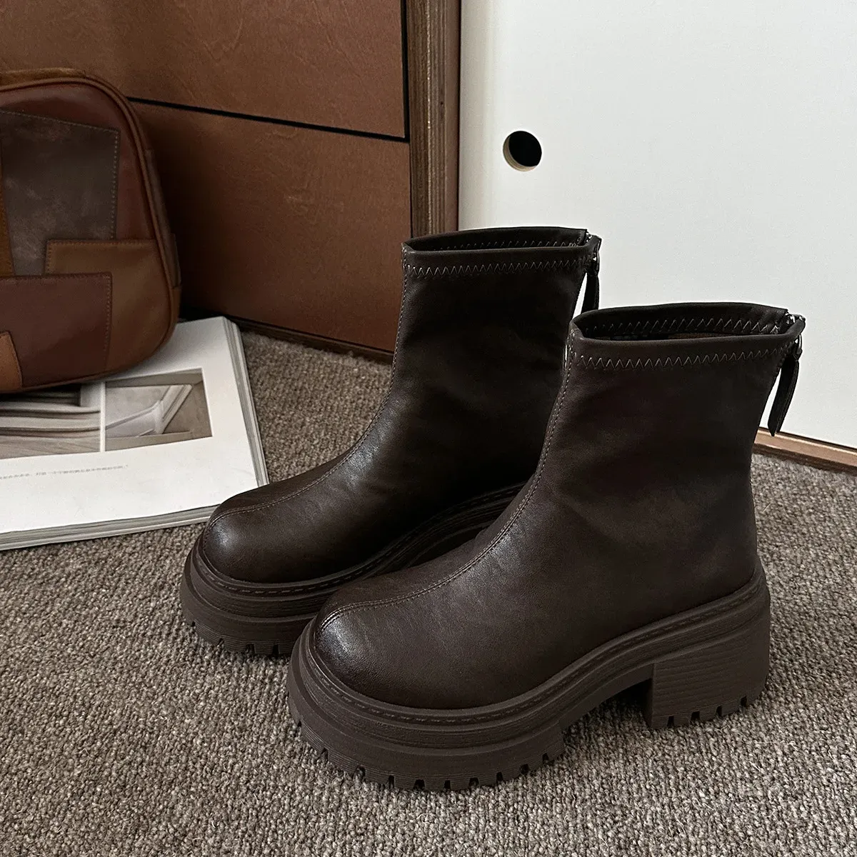 Women's Boots:Fashion Simple Design Martin Boots 2024 New Style Versatile Thick Sole Increase Height,Black/Brown,Free_vogvips.com