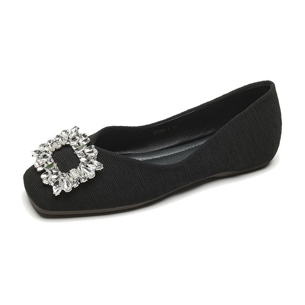 Square Head Single Shoes Women's Flat Bottom One Pedal Doudou Shoes Rhinestone French Soft Sole Large Size Women's Shoes_vogvips.com
