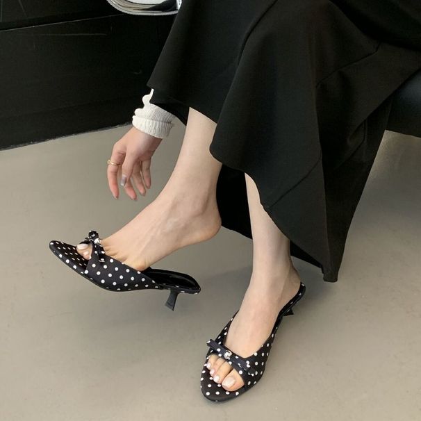 Fashionable Design Polka Dot Slippers For Women, Summer New Pearl Bow Cat High Heel Stunning Sandals_vogvips.com