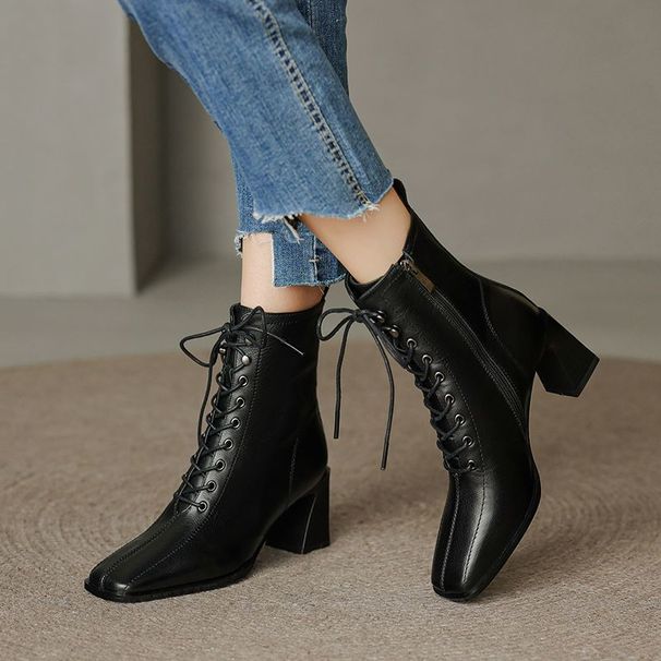 Jinbukang Women's Short High Chunky Heel French Martin Elegant Slim Boots Lace-up Soft Leather Square Toe Cut_vogvips.com
