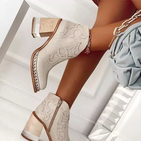 Women's Shoes Embroidered Fashion Boots For Women Rivet Welt Acrylic Crystal High Heel Short Boots_vogvips.com