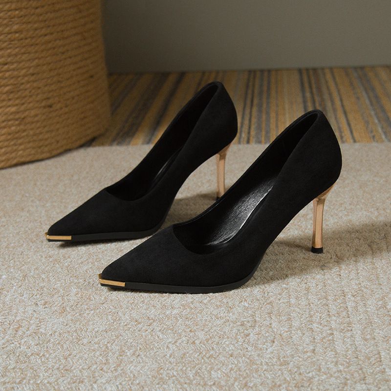 High heels women new spring and autumn suede temperament pointed thin heel shoes black_vogvips.com