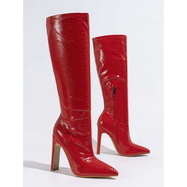 Fashion Boots With Chunky Heel, Pointed Toe & Side Zipper - Elegant Satin Upper & Diamond Accents For Stylish Outfits Stone Pattern Pointed Toe Boots_vogvips.com
