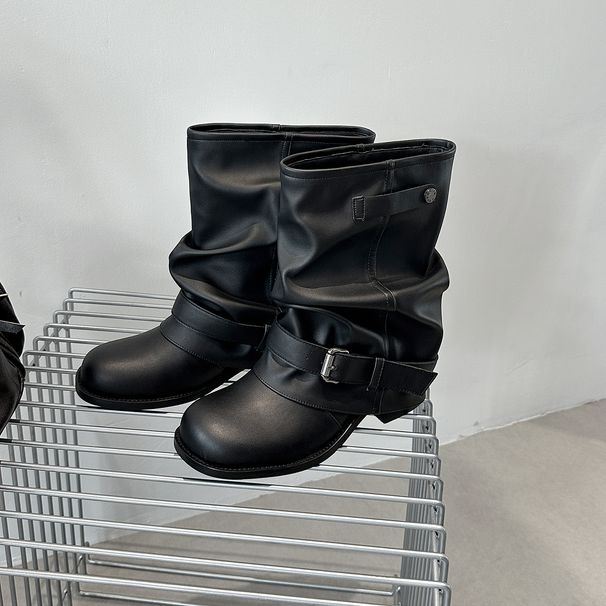 Western Jeans Tube Short For Women 2025 New Autumn Thick Heel Ruched Slouch British Style Martin Boots_vogvips.com