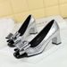 Fashion women's shoes thick heel medium heel shallow mouth splicing square head matching color shoe head bow single shoe women_vogvips.com