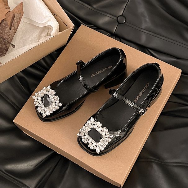 French Thick Heel Square Head Mary Jane Small Leather Shoes Women's Rhinestone Square Buckle Light Mouth Color Matching Shoes_vogvips.com