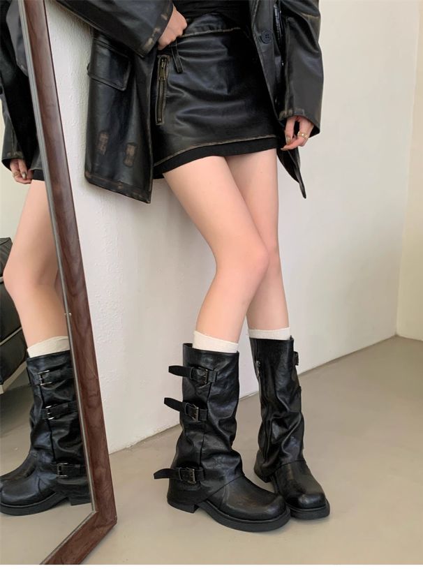 Women's High Knee Stacked Boots Chunky Heel Round Toe Waterproof Platform Boots For Winter, Sizes 35-40 Boots Pleated Women's Shoes_vogvips.com
