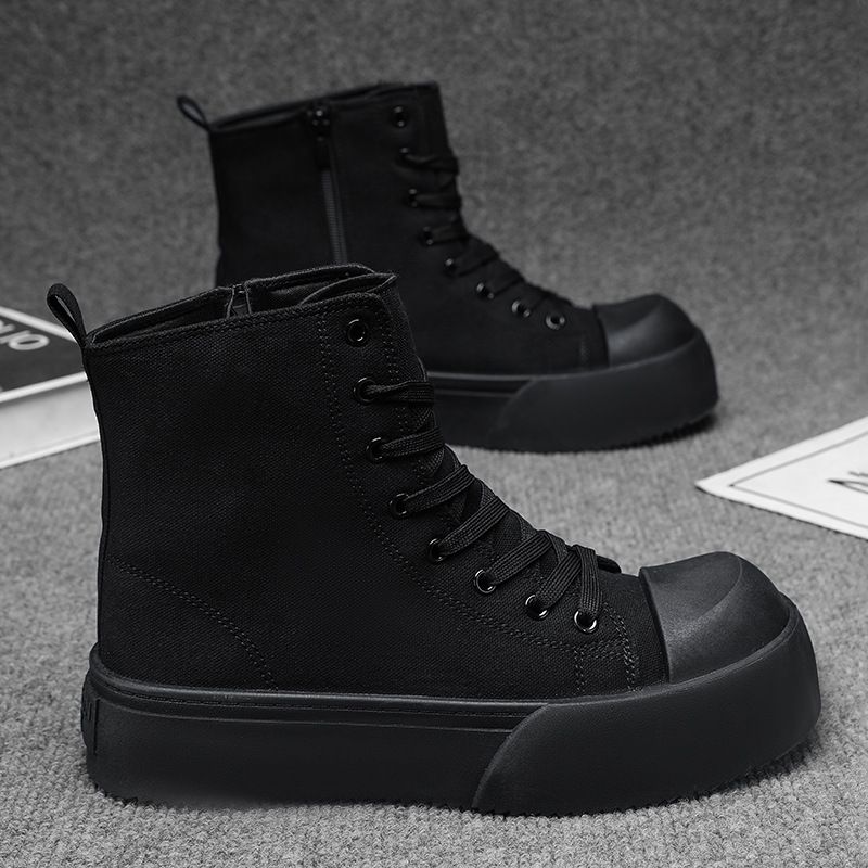 Men's Platform High Top Canvas Sneakers Side Zipper Casual Skate Shoes Breathable Lace Up Fashion Street Ankle Boots In Black White_vogvips.com