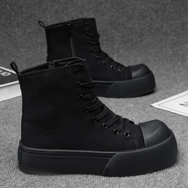 Men's Platform High Top Canvas Sneakers Side Zipper Casual Skate Shoes Breathable Lace Up Fashion Street Ankle Boots In Black White_vogvips.com