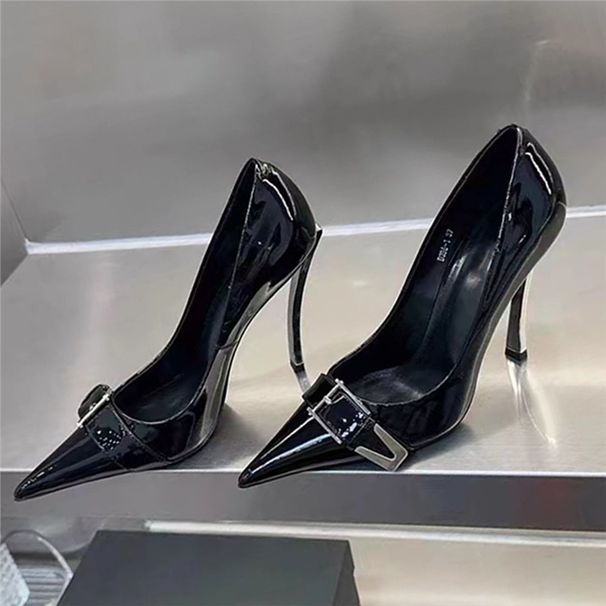 Women S Chic Black Patent Leather High Heels Pointed Toe Pumps With Metallic Buckle For Style Stiletto Heel Elegant_vogvips.com
