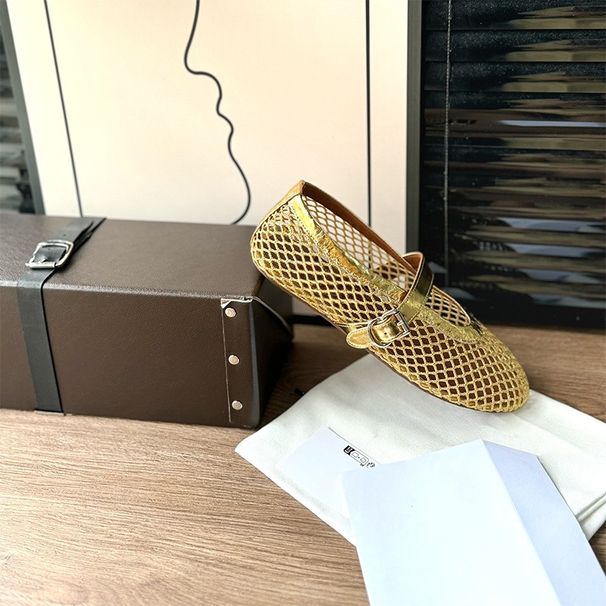Fishnet Shoes Hollow Ballet Shoes Women's Buckle Outer Wear Flat Bottom Mesh Retro Mary Jane Single Shoes_vogvips.com