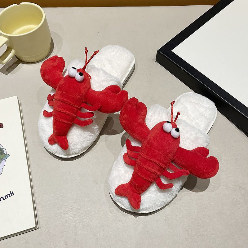 New Home Slippers For Women, Autumn And Winter Cute Lobster Closed-Toe Slippers, Comfortable Flat Furry Shoes_vogvips.com