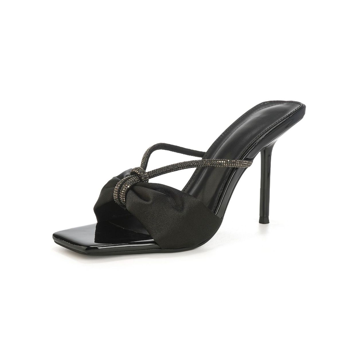 Slipper Satin Bow Rhinestone One Strap Sandals Women Square Toe Stiletto Elegant Outdoor High Heel 9cm 6cm_vogvips.com