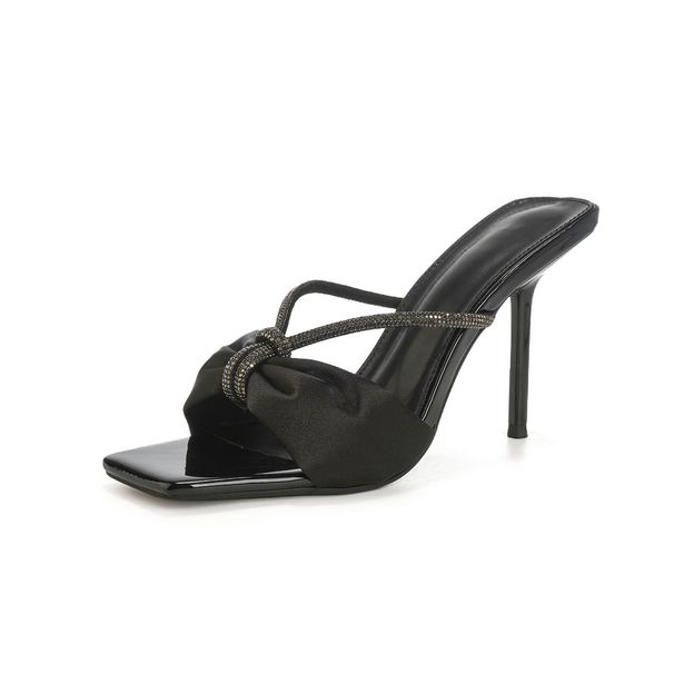 Slipper Satin Bow Rhinestone One Strap Sandals Women Square Toe Stiletto Elegant Outdoor High Heel 9cm 6cm_vogvips.com