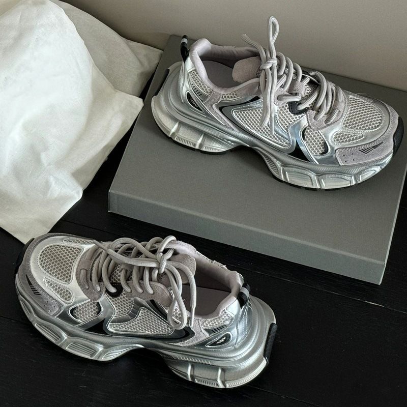 High-End Silver Dad Shoes For Women 2025 Spring And Autumn New Platform Thick-Soled Height-Increasing Niche Casual_vogvips.com