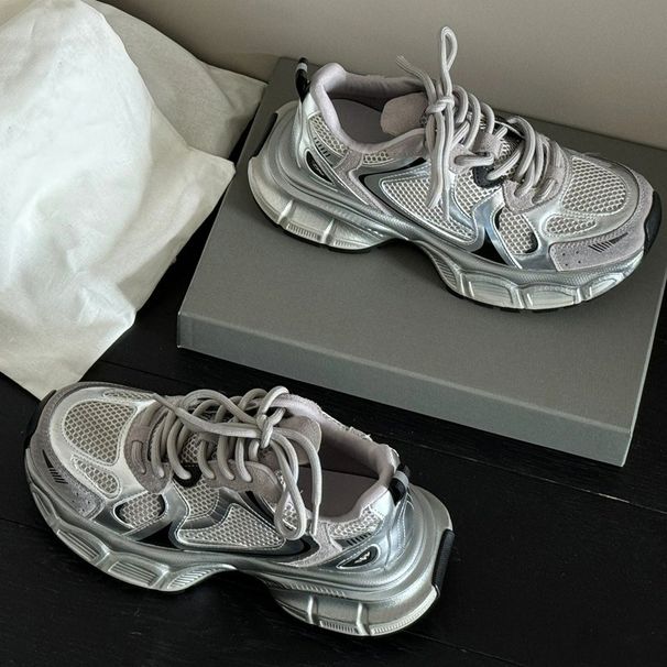 High-End Silver Dad Shoes For Women 2025 Spring And Autumn New Platform Thick-Soled Height-Increasing Niche Casual_vogvips.com
