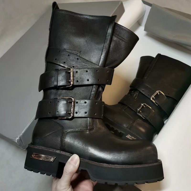 Venom Big-headed Martin Boots, Men's And Women's Belt Buckle, Dark Medium Tube Tooling Boots, Heightened Thick-soled Retro Upturned Locomotive Boots_vogvips.com