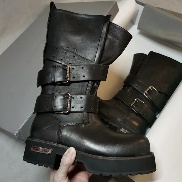 Venom Big-headed Martin Boots, Men's And Women's Belt Buckle, Dark Medium Tube Tooling Boots, Heightened Thick-soled Retro Upturned Locomotive Boots_vogvips.com