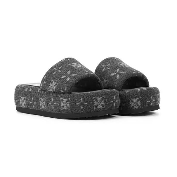 Women's Platform Denim Slippers Black Star Patterned Fashionable Summer Slippers_vogvips.com