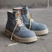 Men's Chunky Sole Cowboy Denim Ankle Boots - Retro Work Boots With Mid-Calf Height & Lace-Up Design For Casual & Streetwear_vogvips.com