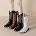 Embroidered Genuine Leather Short Boots For Women, Thick Sole, Chunky Heel, Mid-Calf Cowboy Stretchy Riding Boots,_vogvips.com