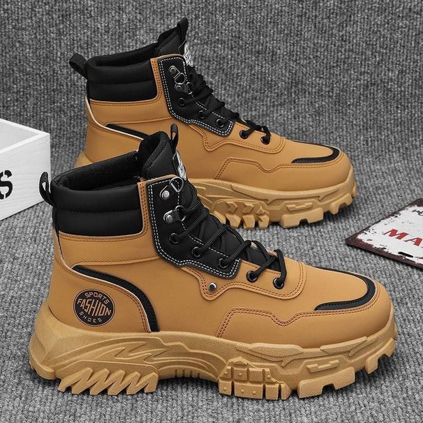 Men's Casual High-Top Work Boots - Slip-Resistant Outdoor Martin Boots With Thick Sole For Height Boost (Khaki/Black)_vogvips.com