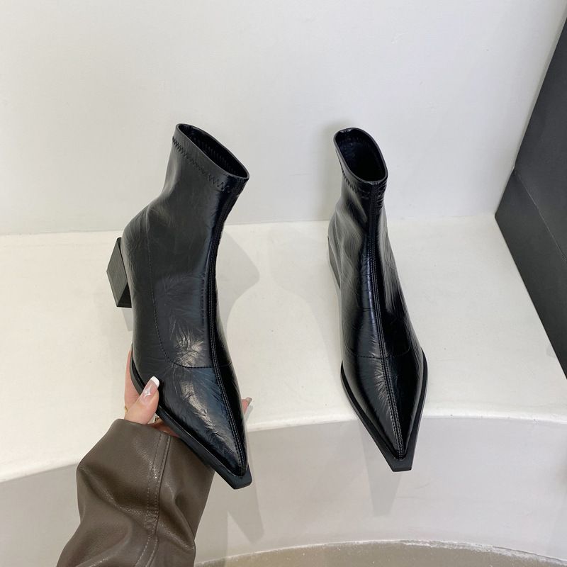 French-style Pointed-toe Short For Women, 2025 Autumn And Winter New Thick-heeled Stretch Slim Boots, Silver Slimming_vogvips.com