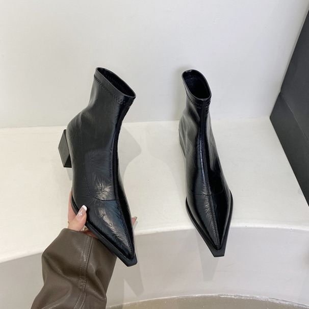 French-style Pointed-toe Short For Women, 2025 Autumn And Winter New Thick-heeled Stretch Slim Boots, Silver Slimming_vogvips.com