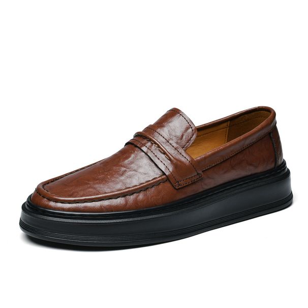 Cowhide Casual Shoes Loafer Leather Shoes Round Head White Shoes Men's Platform Business British Board Shoes_vogvips.com
