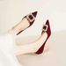 7777L-221 Best-selling Suede Sole Single With Diamond Square Buckle, Chunky Heel, Wine Red Pointed Toe, Light Luxury_vogvips.com