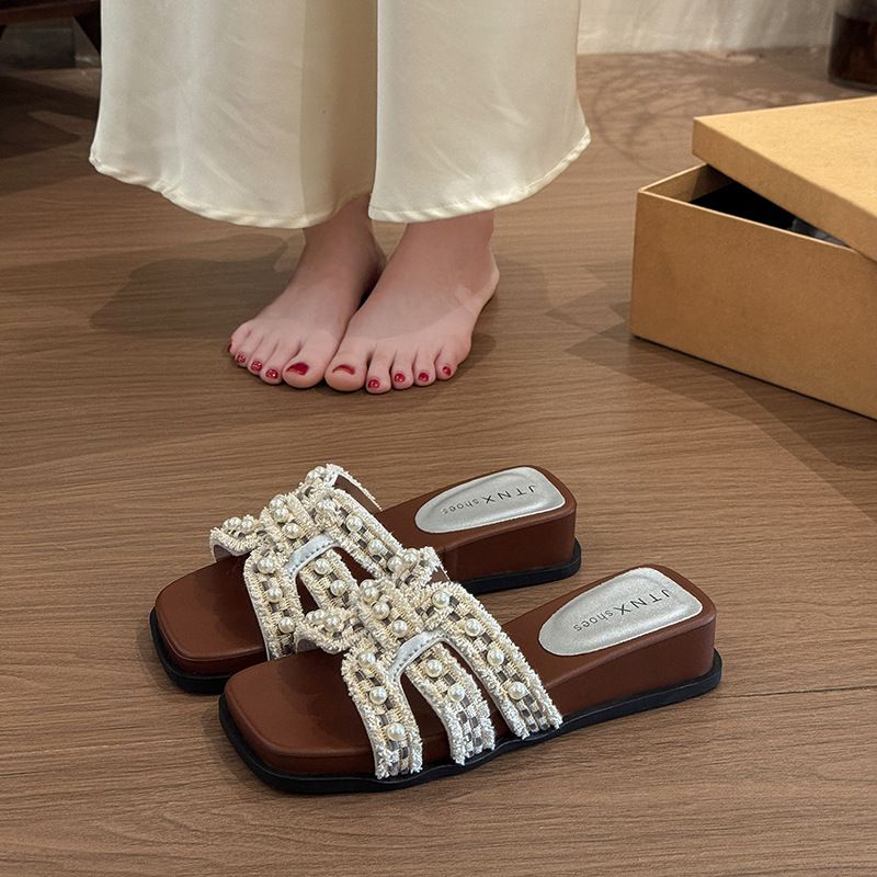 French Pearl Flat Bottom Sandals for Women Summer Outdoor Wear New Style Fairy Small Fragrance Fashion Beach Slippers_vogvips.com