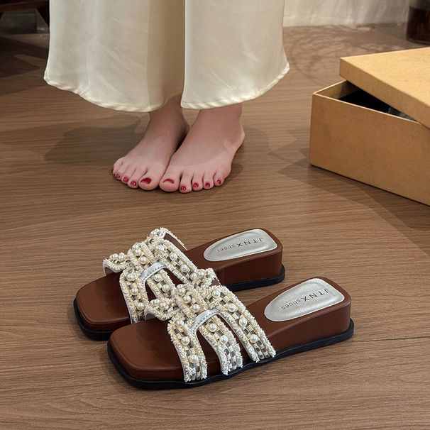 French Pearl Flat Bottom Sandals for Women Summer Outdoor Wear New Style Fairy Small Fragrance Fashion Beach Slippers_vogvips.com
