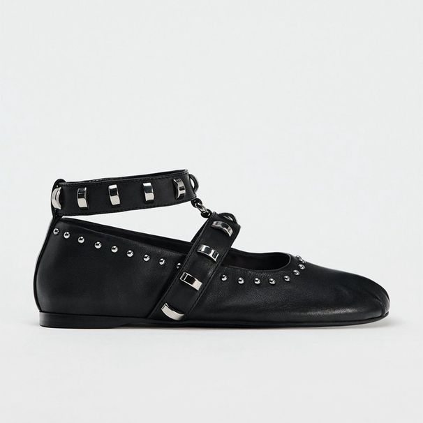 Retro Rivet Shoes For Women Spring And Autumn Fashion Round Head Versatile Ballet Shoes One Strap Casual Flat Shoes Black_vogvips.com