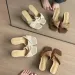 Brown Casual White Wedge Heel Vacation Sandals Open Toe Slip On Shoes For Women Woven Versatile Square Toed Retro Style_vogvips.com