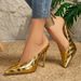 European And American Style Metallic Pointed Toe Stiletto Mules For Women, 2026 New Model Gold Closed-toe Sandals, Sexy_vogvips.com