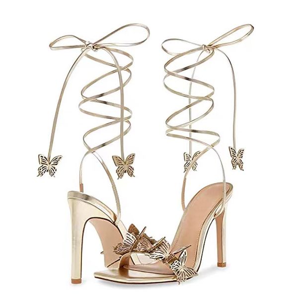 New Square Head Sandals Three Dimensional Butterfly Flowers Sexy Gold Cross Lacing Four Season Bed High Heels_vogvips.com