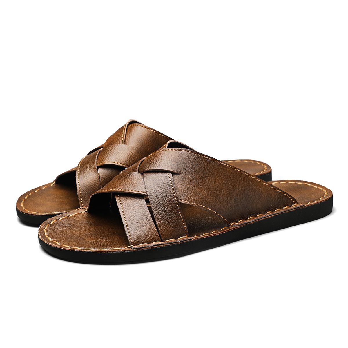 Summer Mens Flat Leather Slippers Slides Slip-on Sandals Thin Soles Retro Style Anti-skid Breathable Comfortable Big_vogvips.com